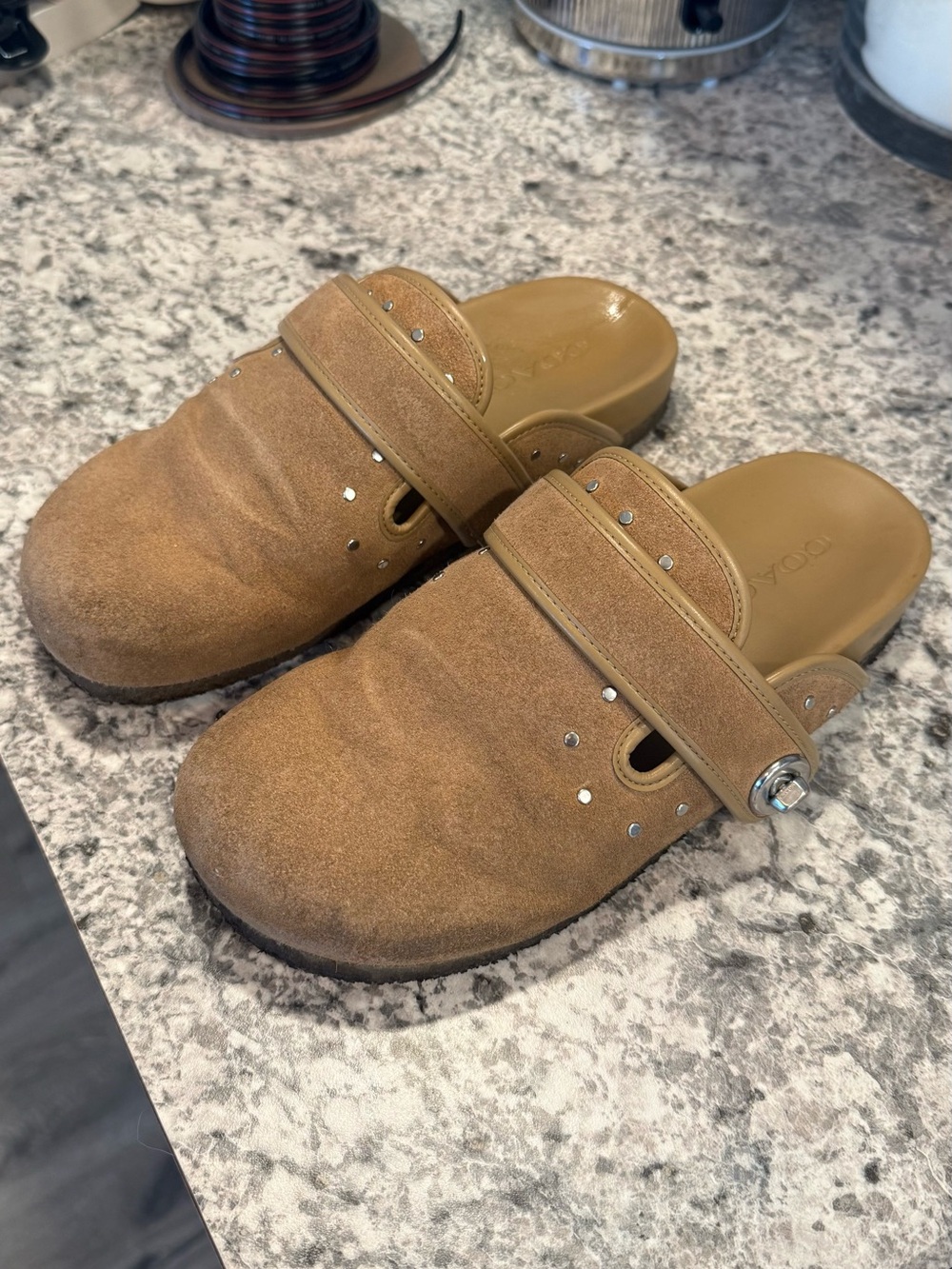 Coach suede Blake clogs with rivets in peanut